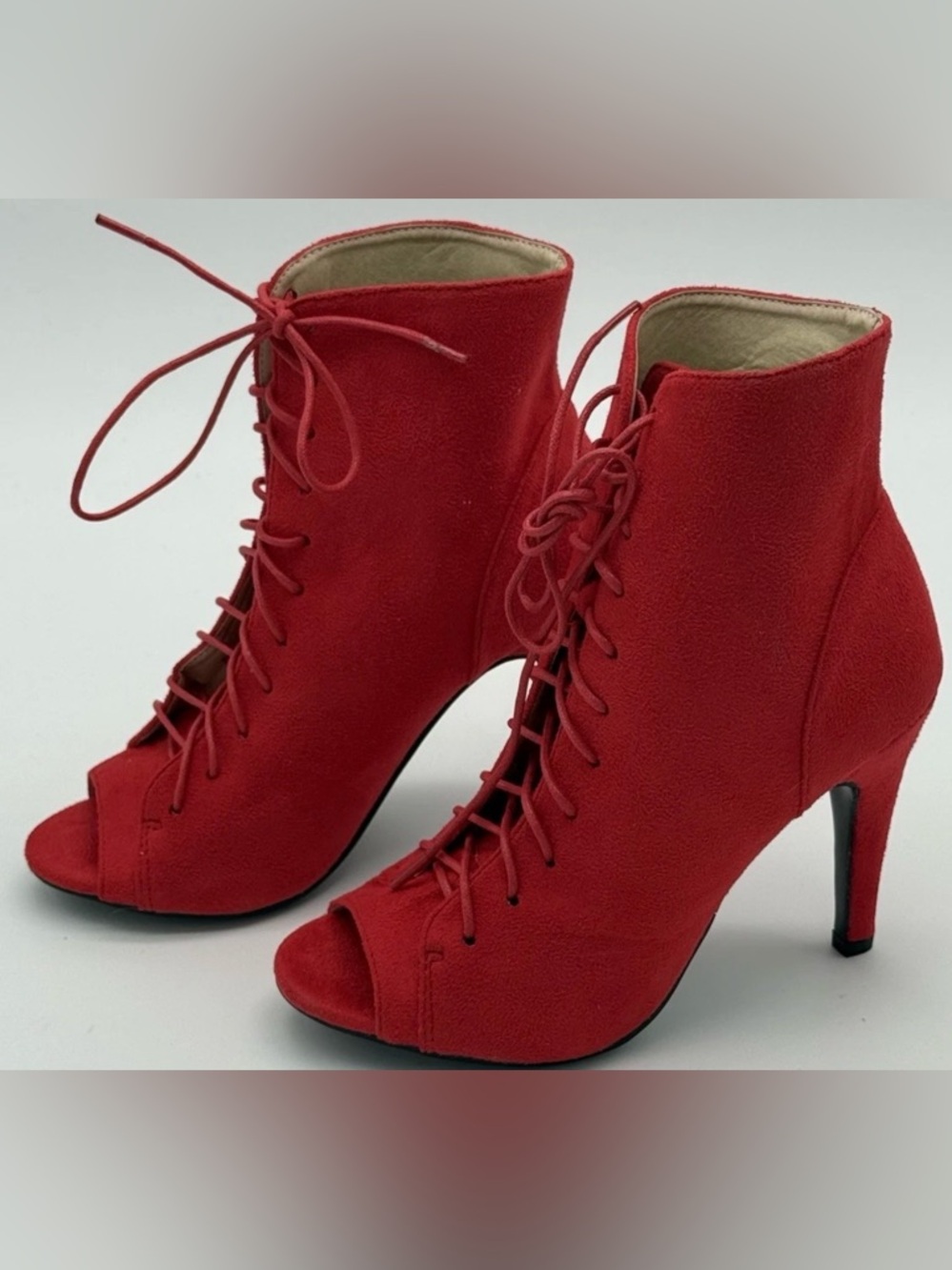 GATUXUS Red Suede Lace Up Ankle Boots Peep Toe Platform High Heel Booties